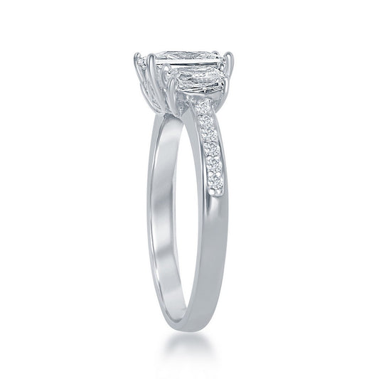 Sterling Silver, Three-Stone CZ with Half CZ Band Engagement Ring
