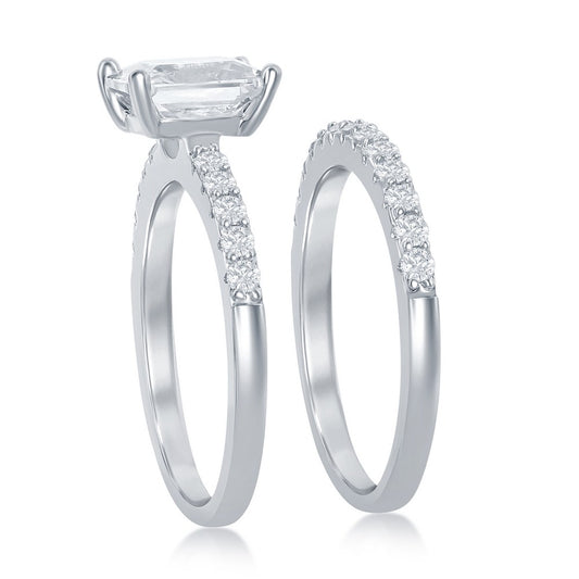 Sterling Silver, Princess-Cut Half CZ Band Engagement Ring Set