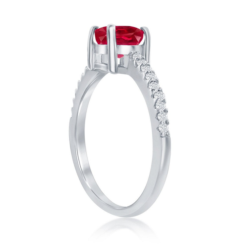 Sterling Silver, 6mm Glass Filled Ruby with White Topaz Ring