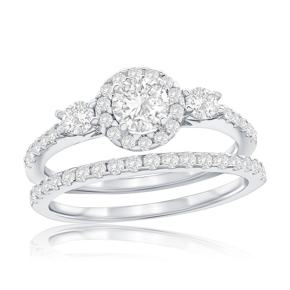 Sterling Silver Round Halo CZ 2-PC Engagement Ring