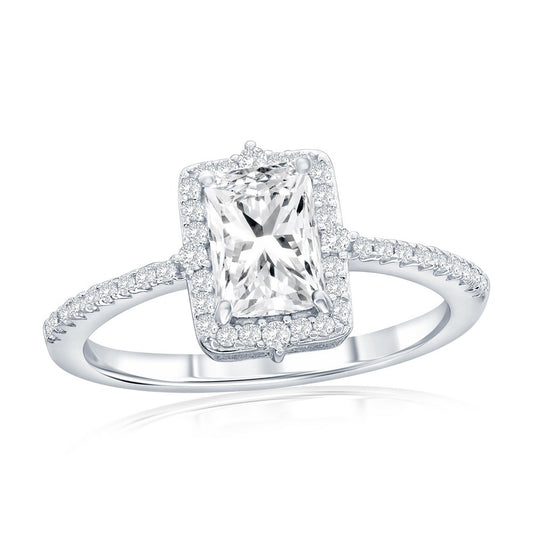 Sterling Silver, Emerald-Cut Halo CZ Engagement Ring