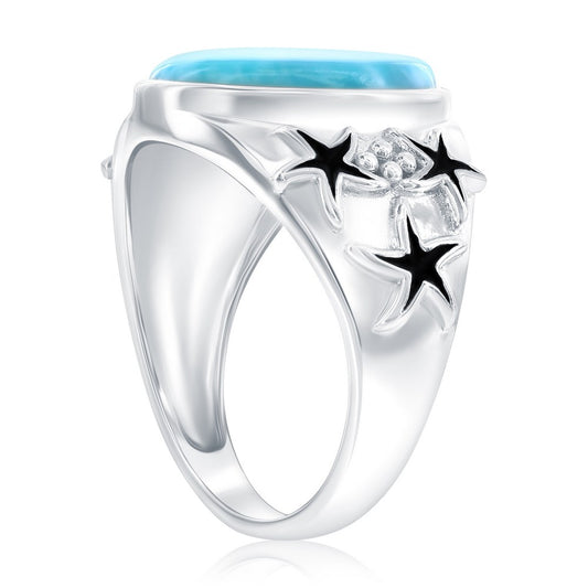 Sterling Silver, Oval Larimar, Oxidized Starfish Ring