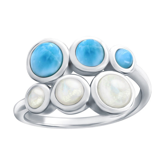 Sterling Silver, Graduating Round MOP & Larimar Bypass Ring