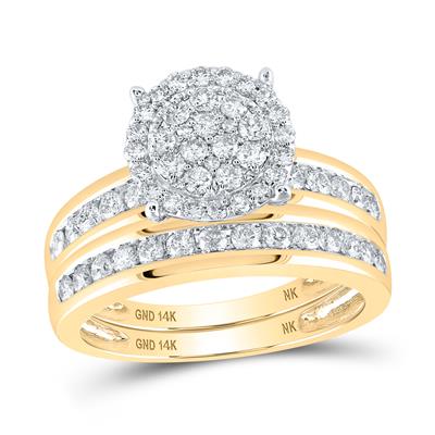 14k Yellow Gold Round Diamond Cluster Matching Wedding Trio Ring Set 1-1/2 Cttw
