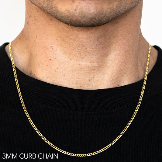 10K 3MM YELLOW GOLD SOLID CURB 22" CHAIN NECKLACE (AVAILABLE IN LENGTHS 7" - 30")