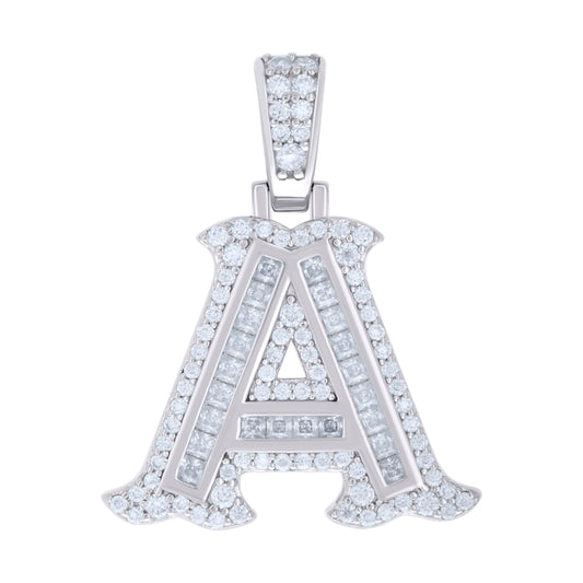 925 Sterling Silver Unisex Baguette Round Moissanite 0.59ct Initial Alphabet A Charm Pendant