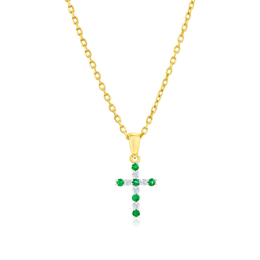 14K Yellow Gold, 0.08ct Emerald & 0.05ct Diamond Cross Pendant - (11 Stones)