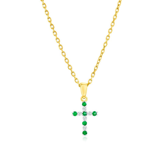 14K Yellow Gold, 0.08ct Emerald & 0.05ct Diamond Cross Pendant - (11 Stones)