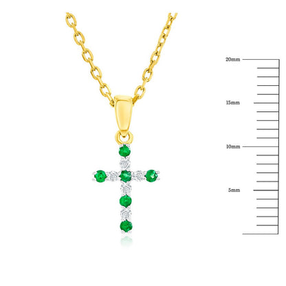 14K Yellow Gold, 0.08ct Emerald & 0.05ct Diamond Cross Pendant - (11 Stones)