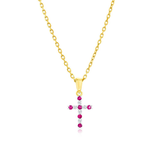 14K Yellow Gold, 0.07ct Ruby & 0.05ct Diamond Cross Pendant - (11 Stones)