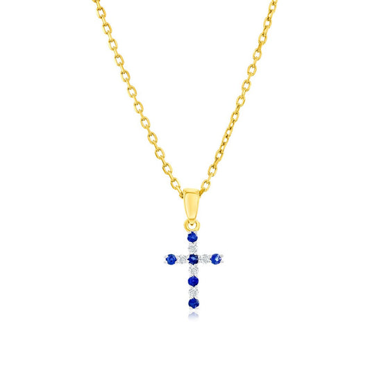 14K Yellow Gold, 0.07ct Sapphire & 0.05ct Diamond Cross Pendant - (11 Stones)