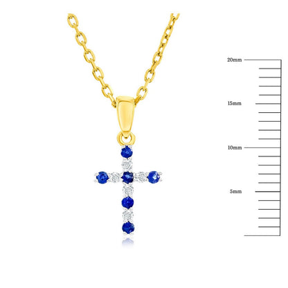 14K Yellow Gold, 0.07ct Sapphire & 0.05ct Diamond Cross Pendant - (11 Stones)
