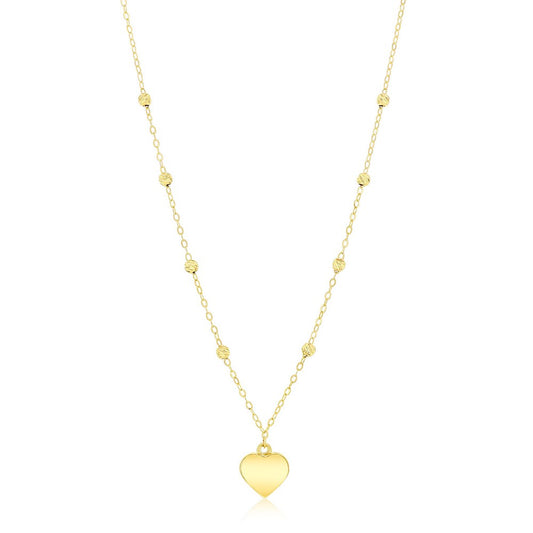 14K Yellow Gold, Polished Heart & D-C Bead Necklace