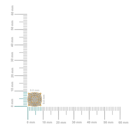 10K yellow gold diamond stud earrings displayed on a measurement scale for visual size reference