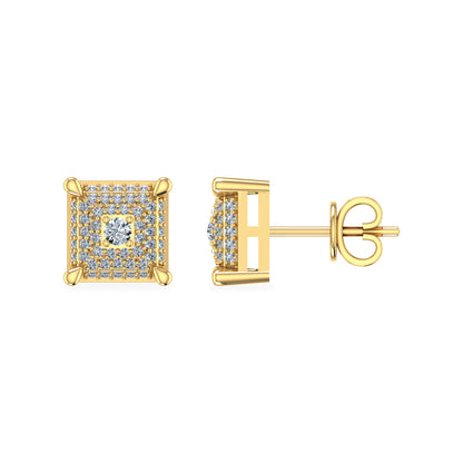 10K yellow gold diamond stud earrings with a square design and sparkling center stones
