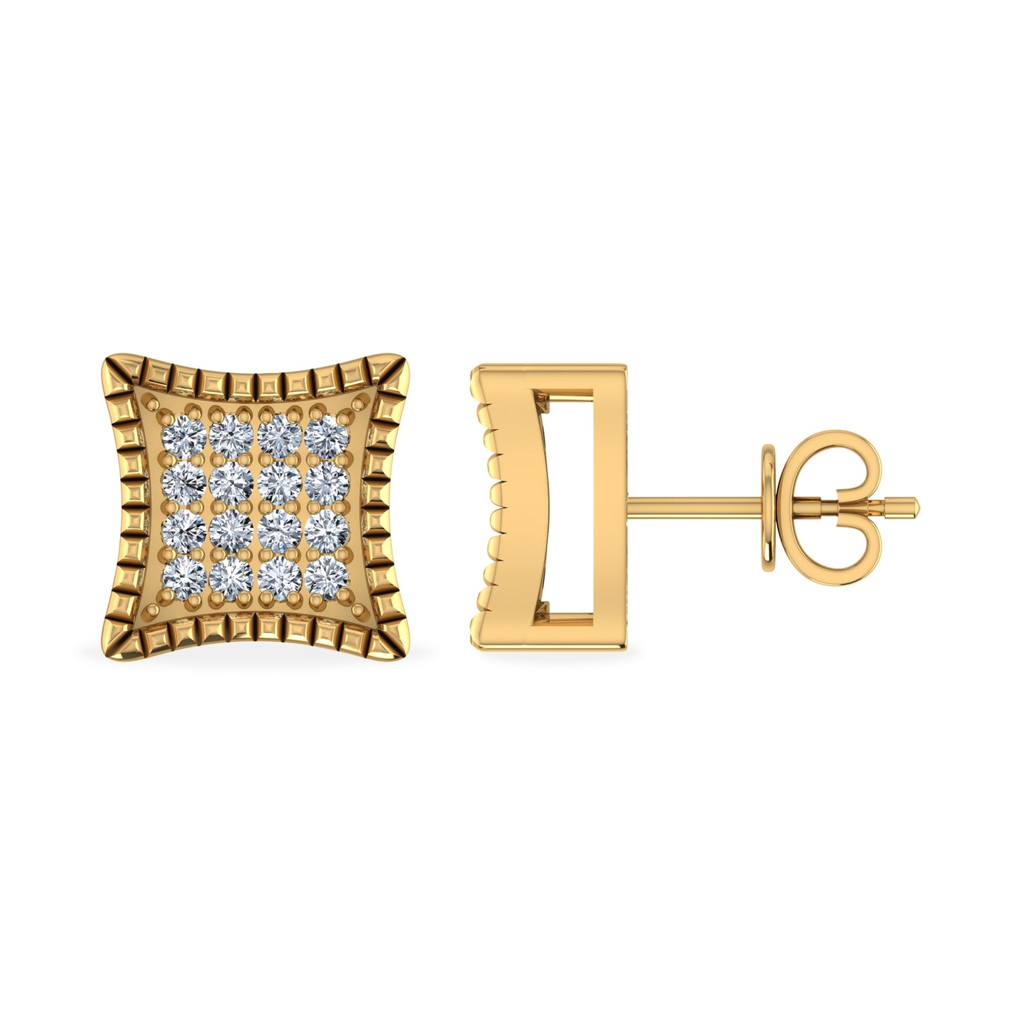 10K Yellow Gold Round Diamond Square Shape Designer Stud Earrings 1/10 Cttw