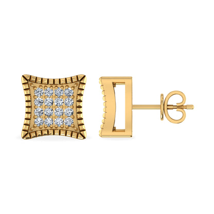 Elegant 10K yellow gold diamond stud earrings with a unique cushion design and sparkling diamonds