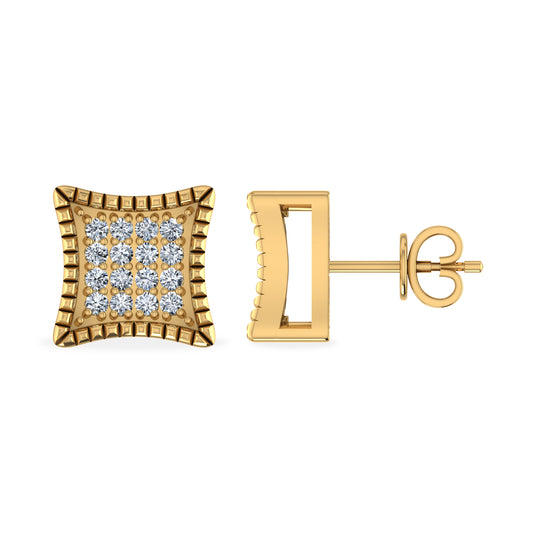 10K Yellow Gold Round Diamond Square Shape Designer Stud Earrings 1/10 Cttw
