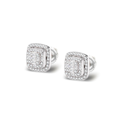 Sterling silver moissanite stud earrings with a square design and sparkling accents