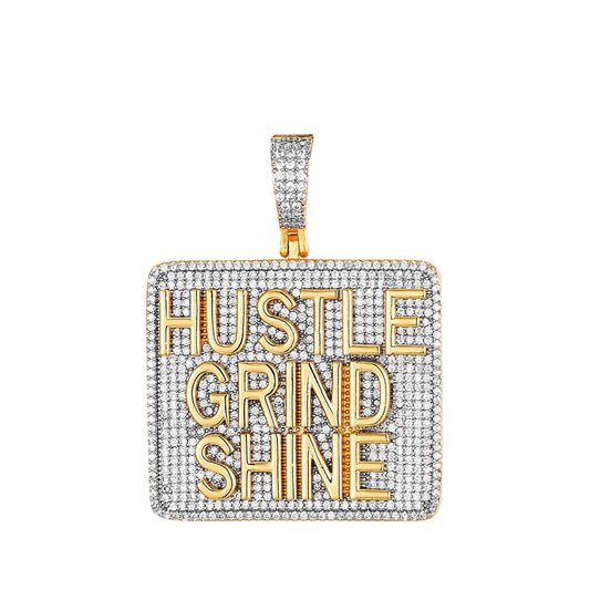 Sterling Silver CZ Hustle Grind Shine Word Pendant RP+GP