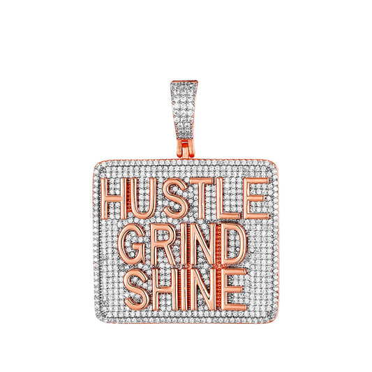 Sterling Silver CZ Hustle Grind Shine Word Pendant RP+PP
