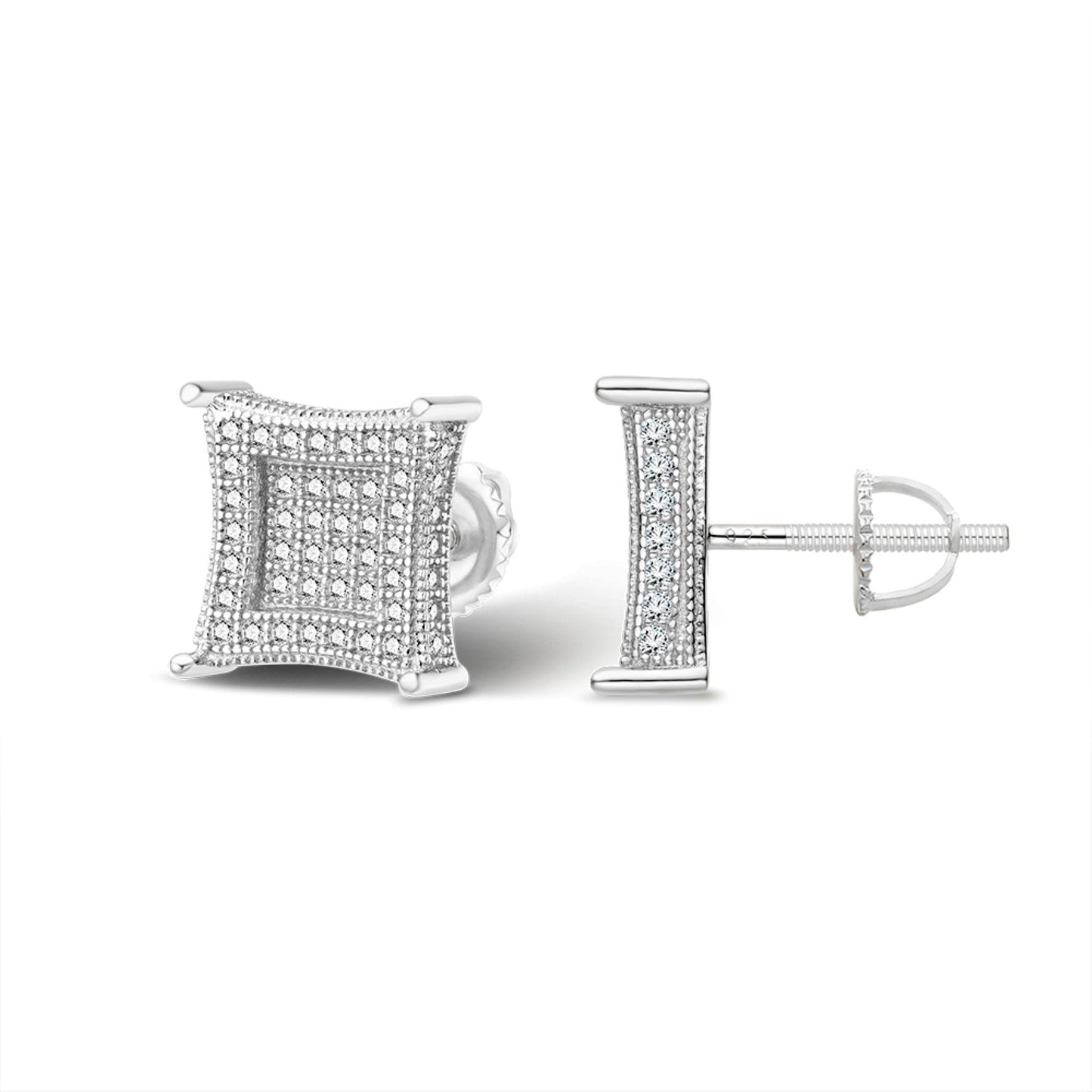 Sterling Silver Moissanite Square Shape Stud Earrings Rhodium Plated 7/8 CT