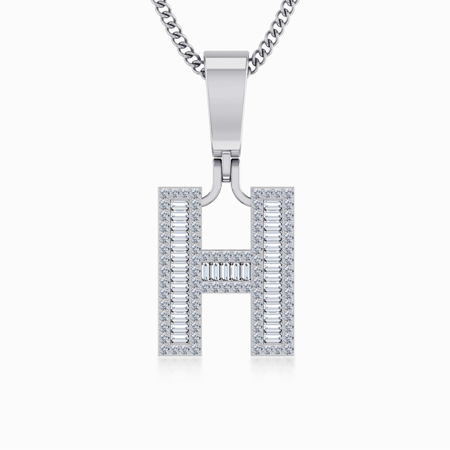 10K White Gold  Tw Baguette Initial H Pendant 3/8 Cttw