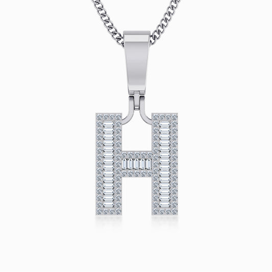 10K White Gold  Tw Baguette Initial H Pendant 3/8 Cttw