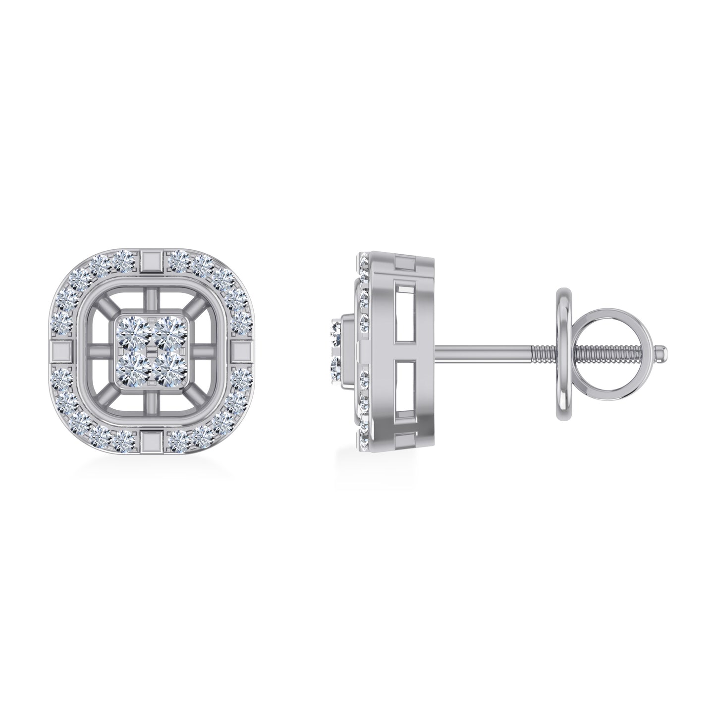 10K White Gold Round Baguette Diamond Square Shape Stud Earrings 1/4 Cttw
