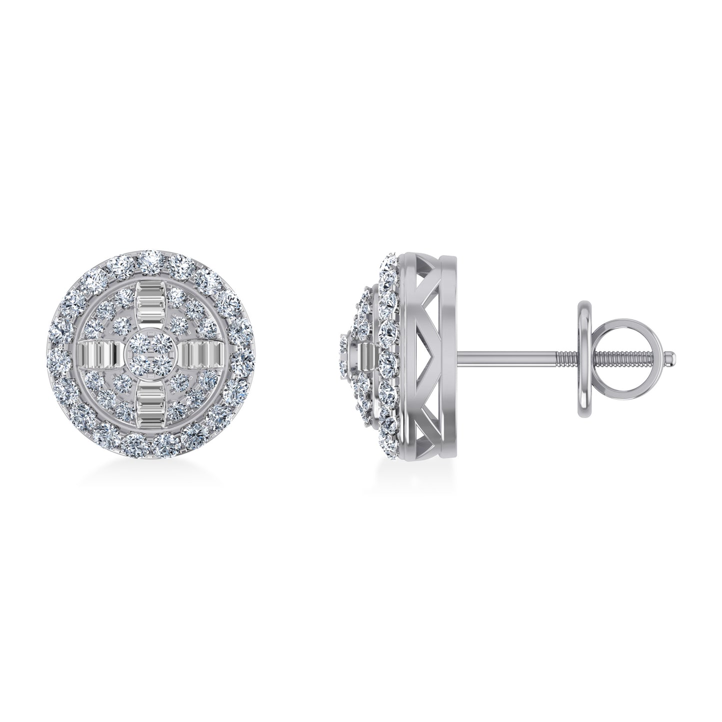 10K White Gold Round Baguette Diamond Round Shape Stud Earrings 1/3  Cttw