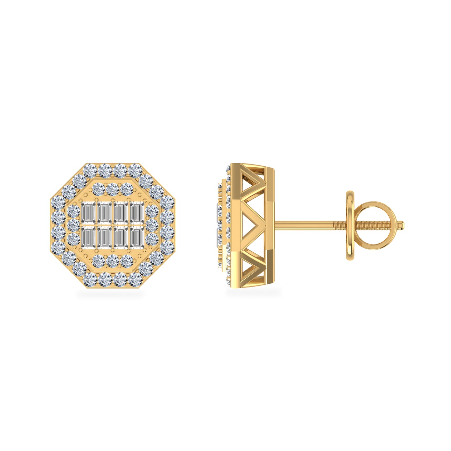 10K Yellow Gold Round Baguette Diamond Octagon Shape Stud Earrings 1/4 Cttw