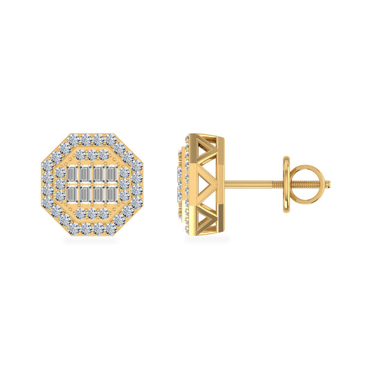 10K Yellow Gold Round Baguette Diamond Octagon Shape Stud Earrings 1/4 Cttw