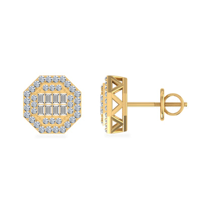 10K Yellow Gold Round Baguette Diamond Octagon Shape Stud Earrings 1/4 Cttw