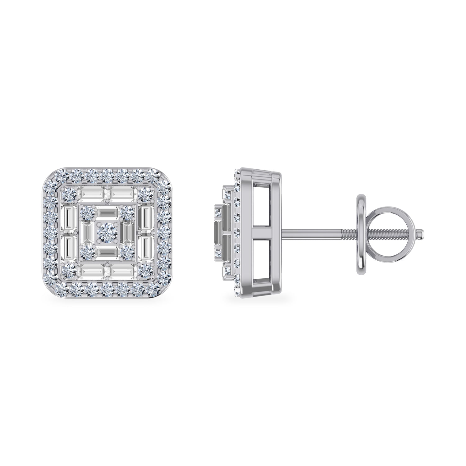 10K White Gold Round Baguette Diamond Square Shape Stud Earrings 3/8 Cttw with a classic and elegant design