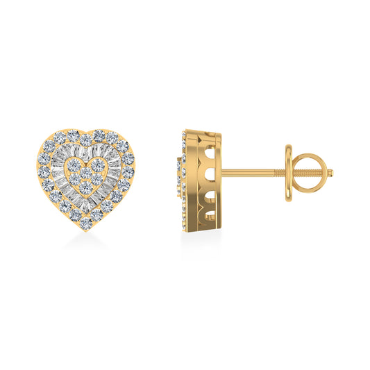 10K Yellow Gold Round Diamond Heart Shape Stud Earrings 1/2 Cttw