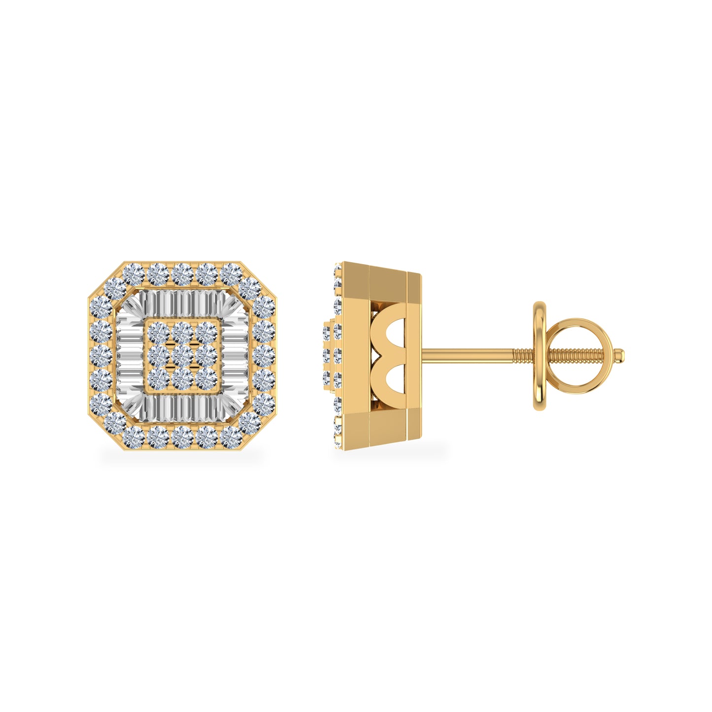 10K Yellow Gold Round Diamond Square Shape Stud Earrings 5/8 Cttw