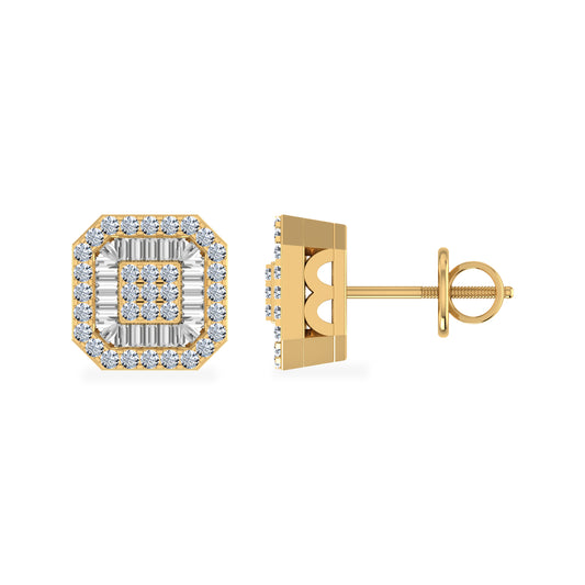 10K Yellow Gold Round Diamond Square Shape Stud Earrings 5/8 Cttw
