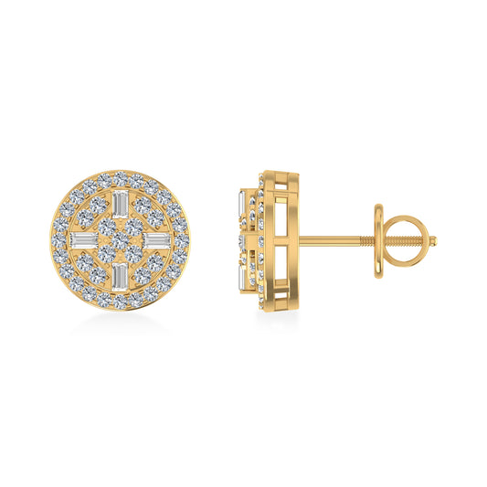 10K Yellow Gold Round Baguette Diamond Cluster Round Shape Stud Earrings 1/2 Cttw