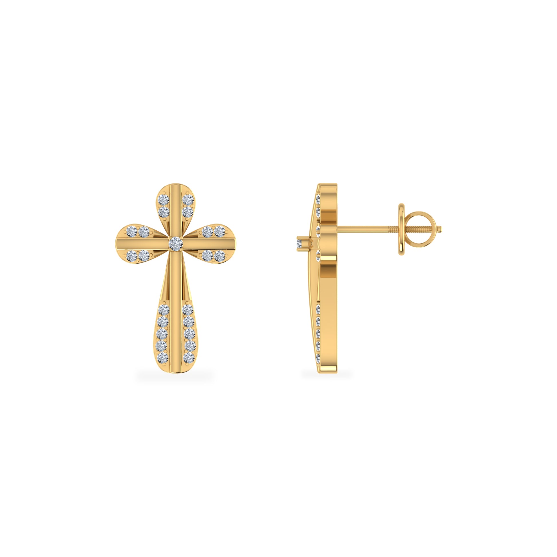 10K Yellow Gold Round Diamond Cross Religious Stud Earrings 1/8 CT