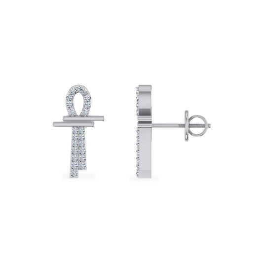 10K White Gold Round Diamond Ankh Religious Earrings 1/8 CT
