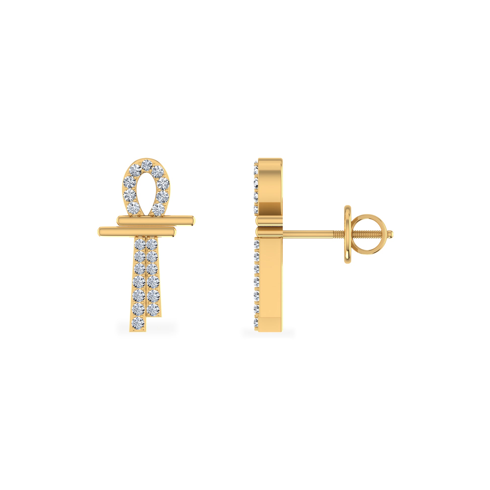 10K Yellow Gold Round Diamond Ankh Religious Stud Earrings 1/8 CT