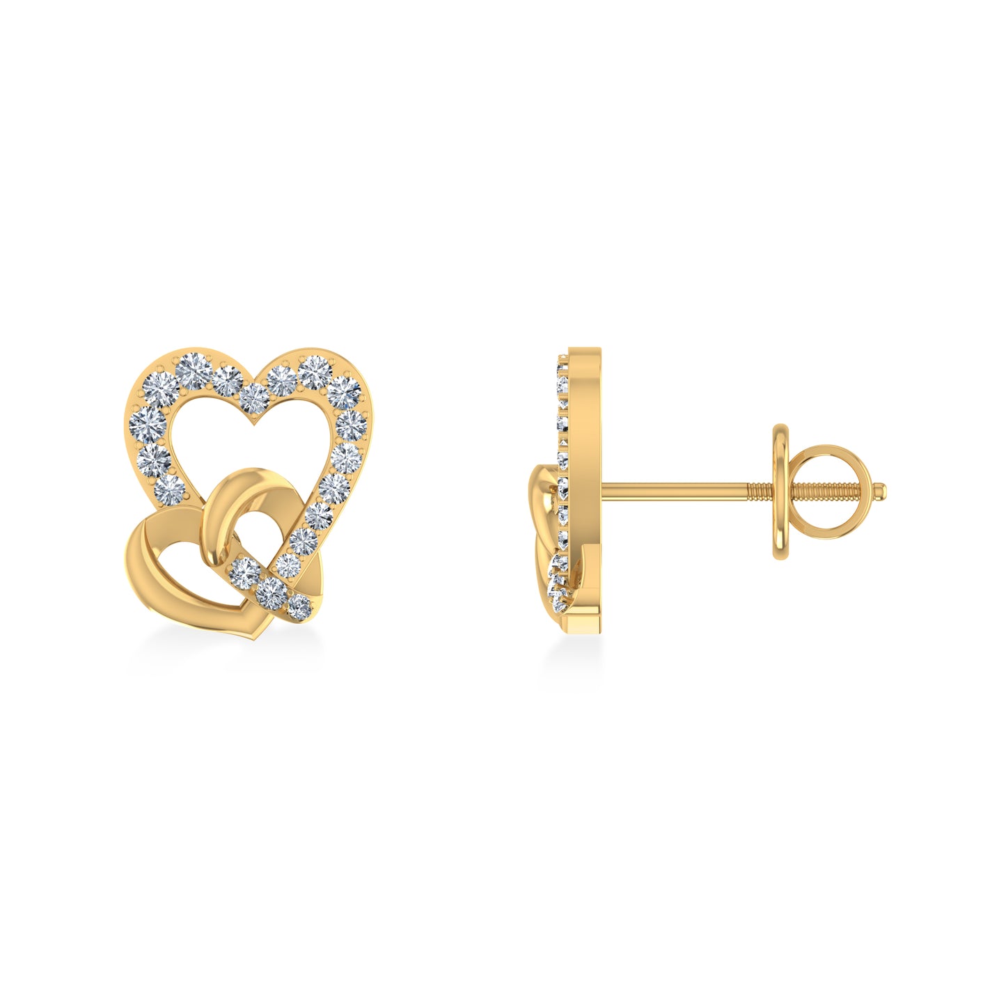 10K Yellow Gold Round Diamond Double Heart Stud Earrings 1/5 Cttw