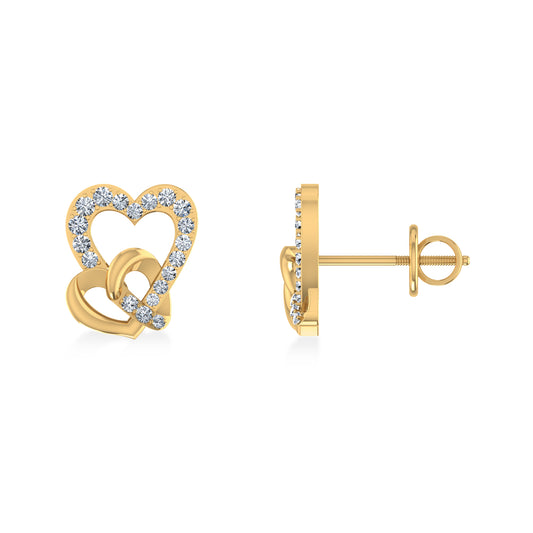 10K Yellow Gold Round Diamond Double Heart Stud Earrings 1/5 Cttw