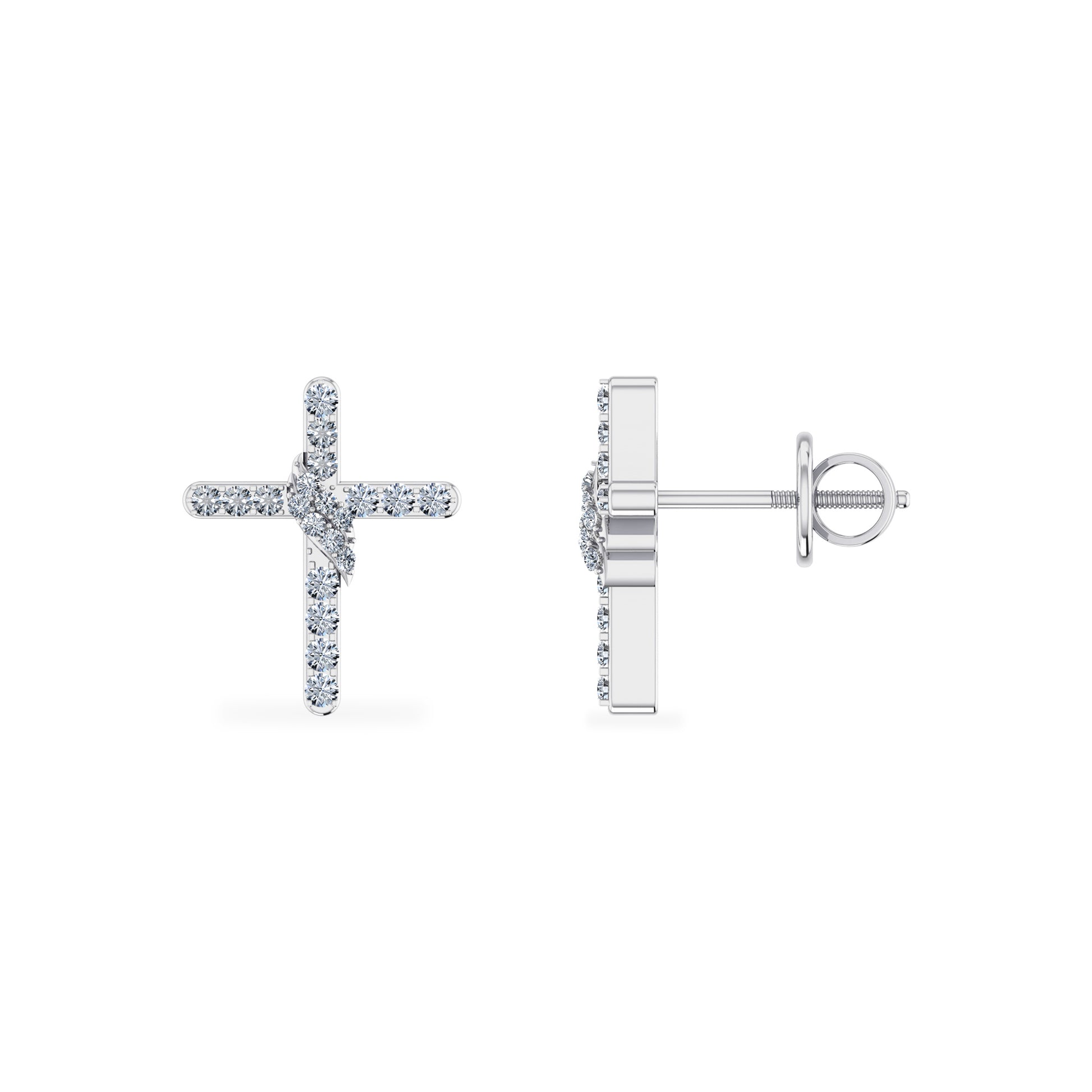 10K White Gold Round Diamond Cross Religious Stud Earrings 1/6 CT