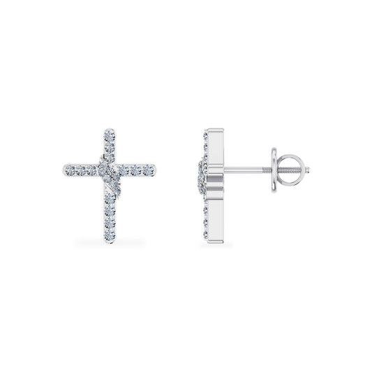 10K White Gold Round Diamond Cross Religious Stud Earrings 1/6 CT