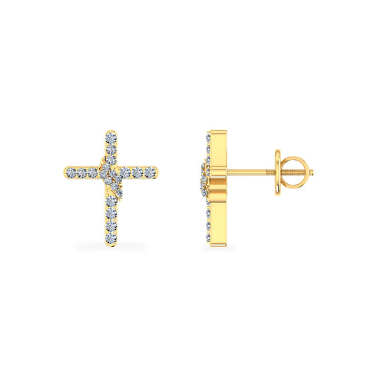 10K Yellow Gold Round Diamond Cross Religious Stud Earrings 1/6 CT