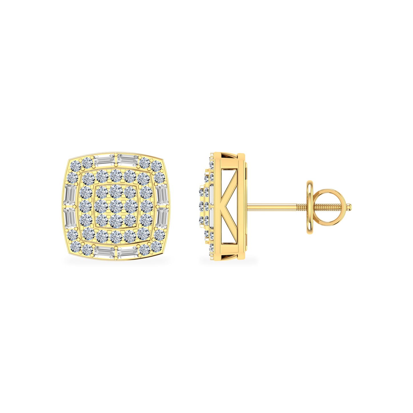 10K Yellow Gold Round Diamond Square Shape Stud Earrings 1/2 Cttw