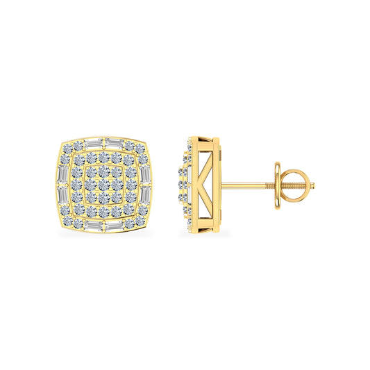 10K Yellow Gold Round Diamond Square Shape Stud Earrings 1/2 Cttw