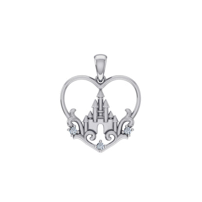 10k white gold heart diamond pendant featuring an intricate castle design and sparkling accents
