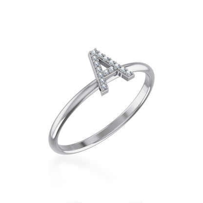 Delicate white gold A initial diamond ring with sparkling accents for a personalized touch